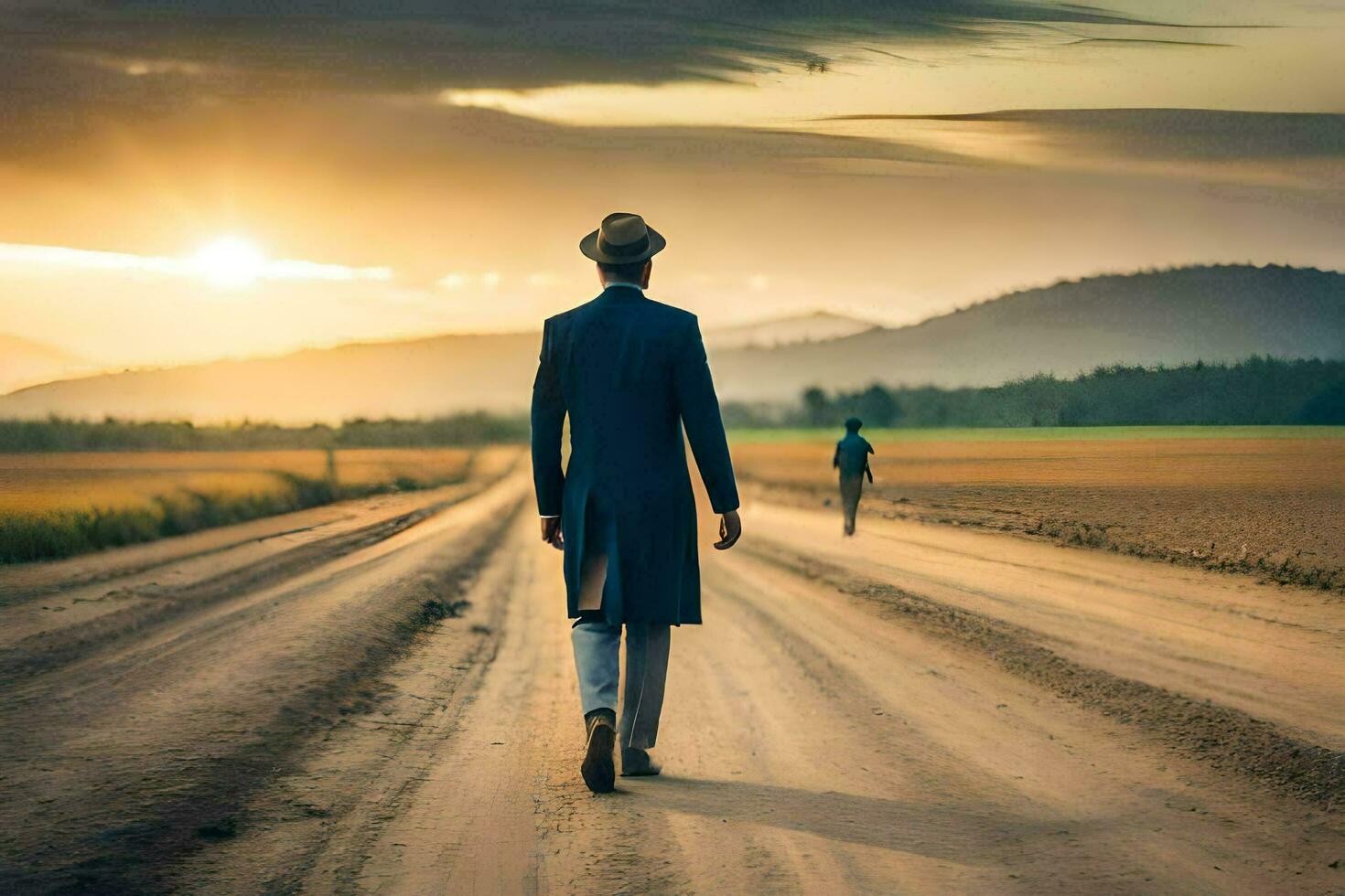 a man in a hat walks down a dirt road at sunset. AI-Generated photo