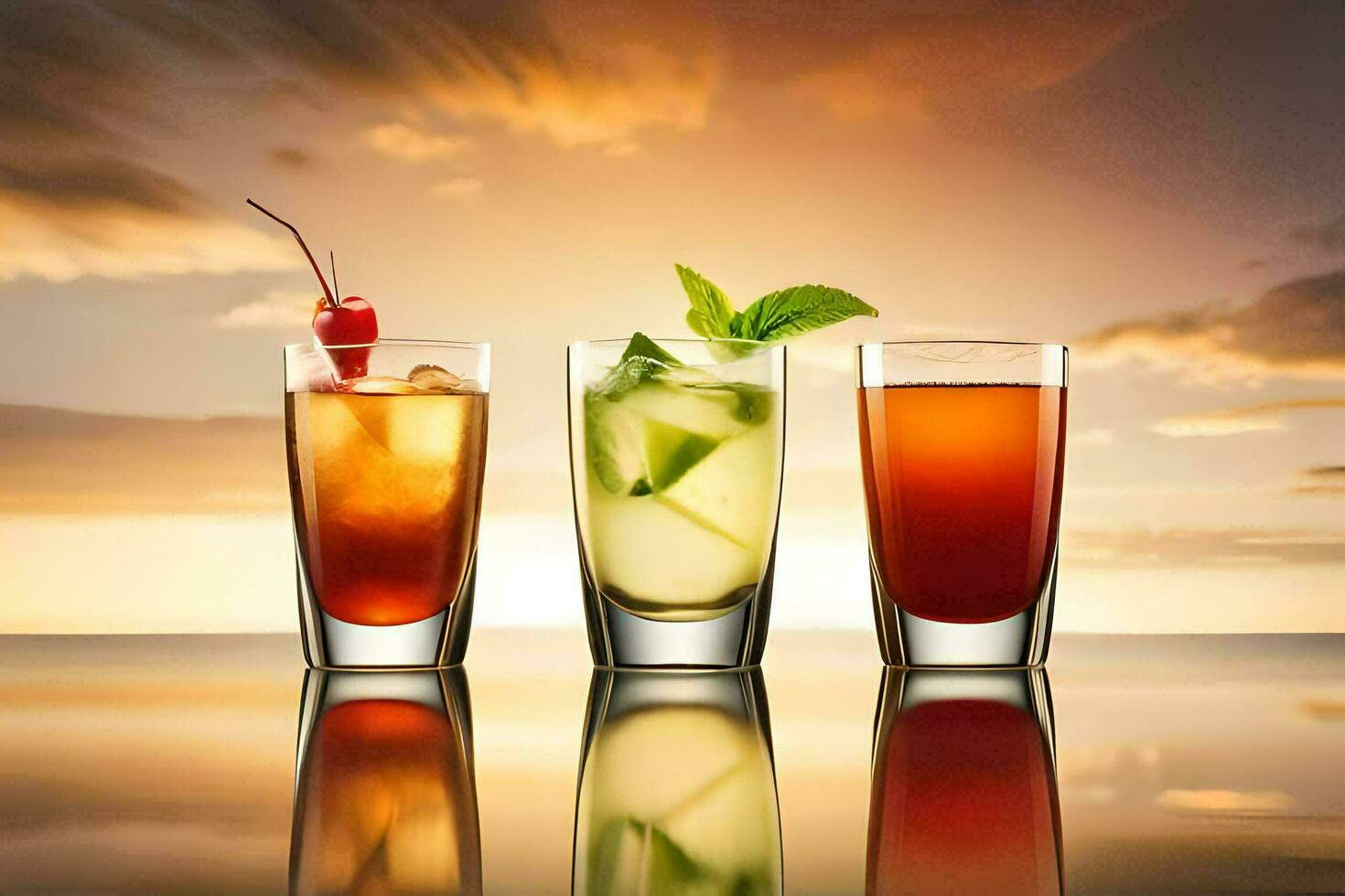 three different cocktails are shown in front of a sunset. AI-Generated photo