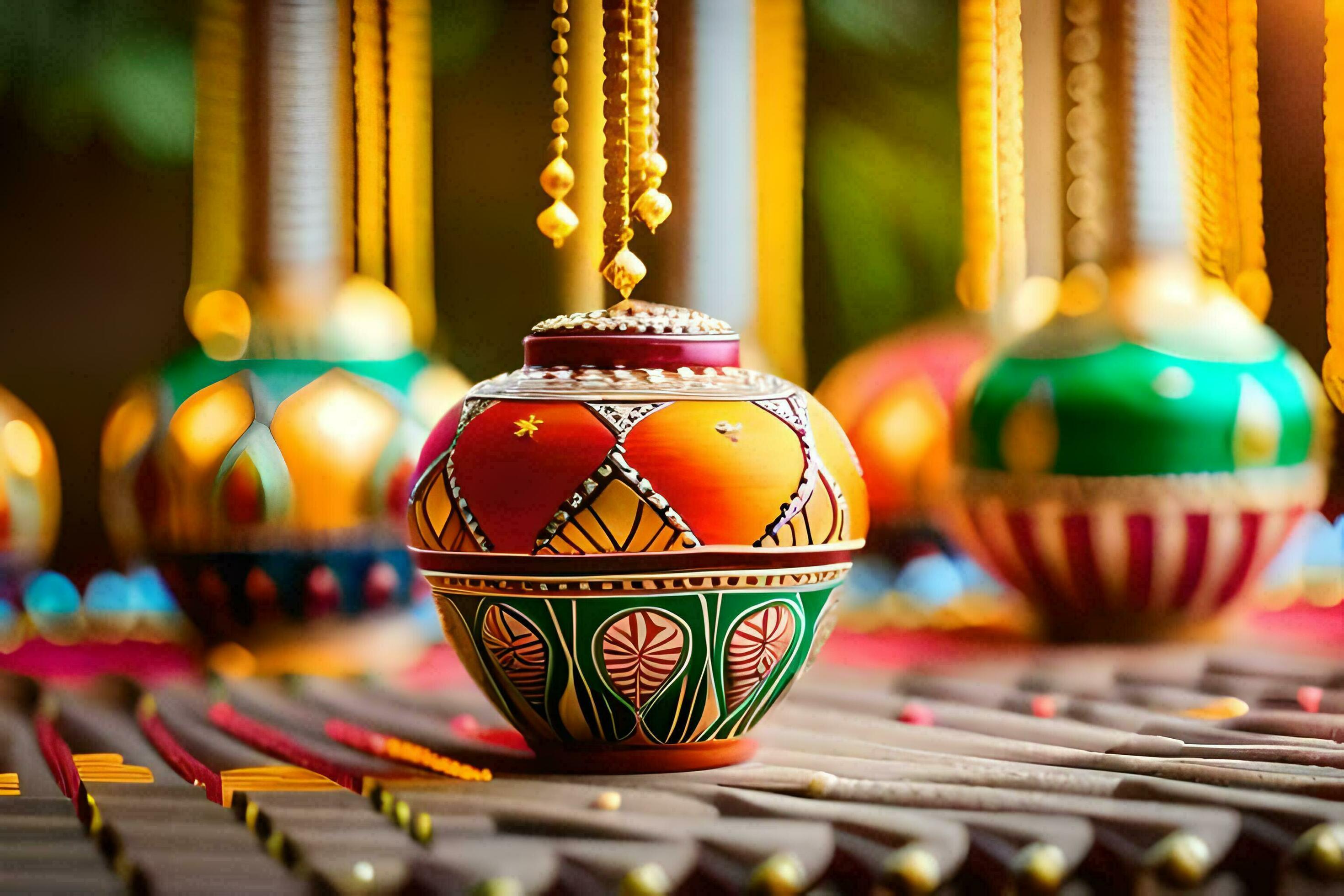 colorful decorative objects are displayed on a table. AIGenerated