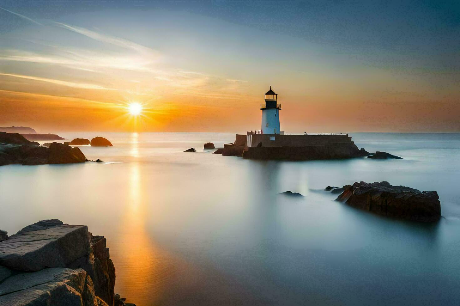 un faro en el Oceano a puesta de sol. generado por ai foto