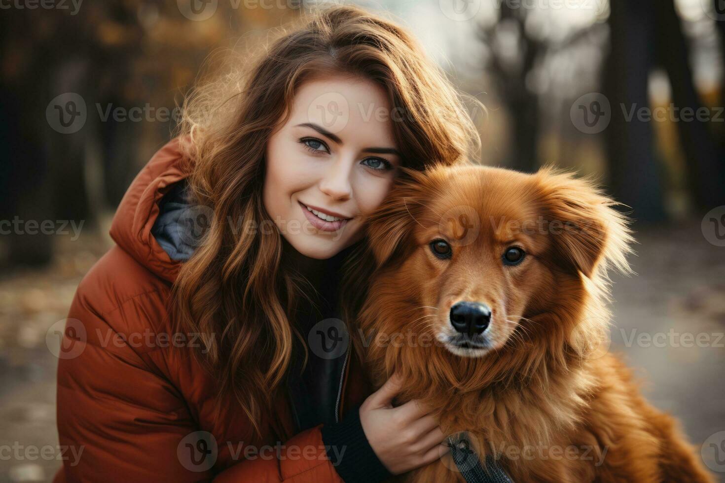 Smiling woman with epilepsy embracing her emotional support dog in park photo