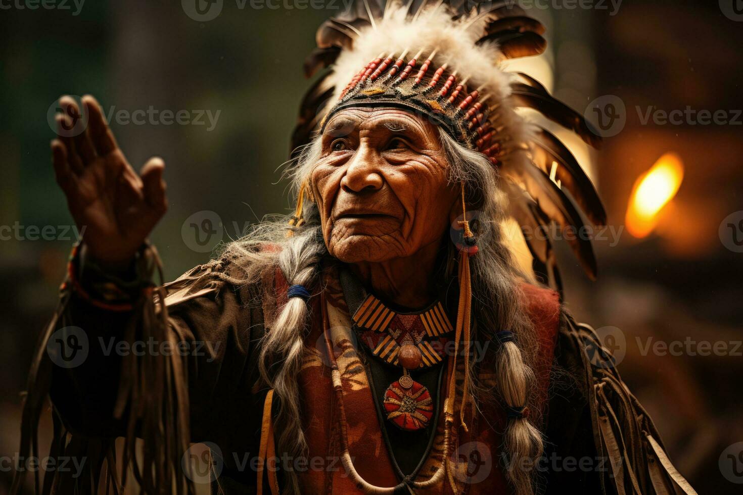 nativo americano tribal jefe en tradicional ceremonial insignias reales ejecutando ancestral danza foto