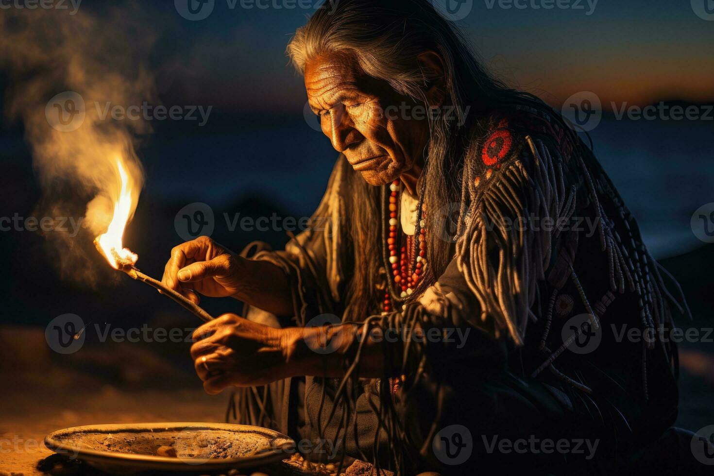 Elderly Native American playing sacred drum in traditional ceremony under moonlight photo