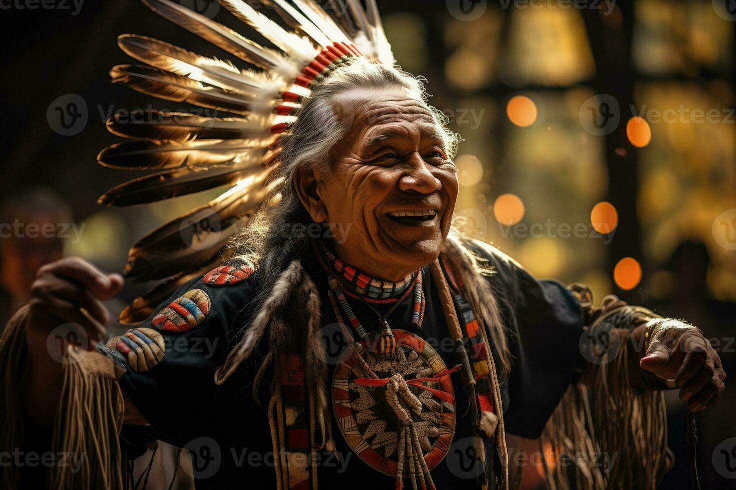 Native American tribal chief in traditional ceremonial regalia performing ancestral dance photo