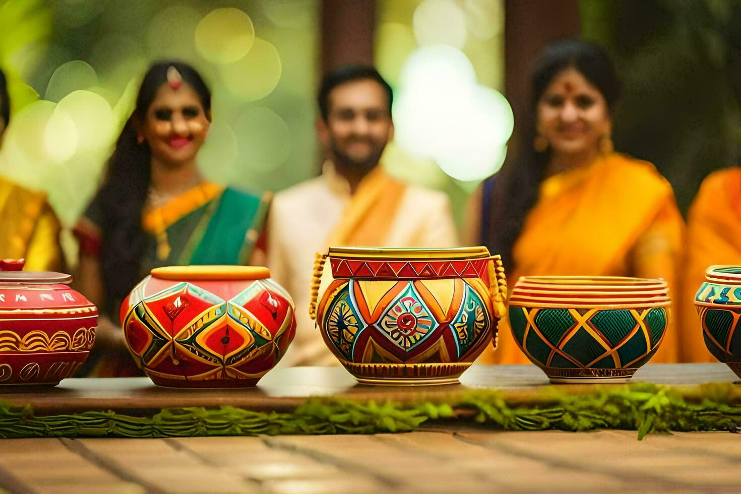 a group of people in colorful saris standing around a table with colorful pots. AI-Generated photo