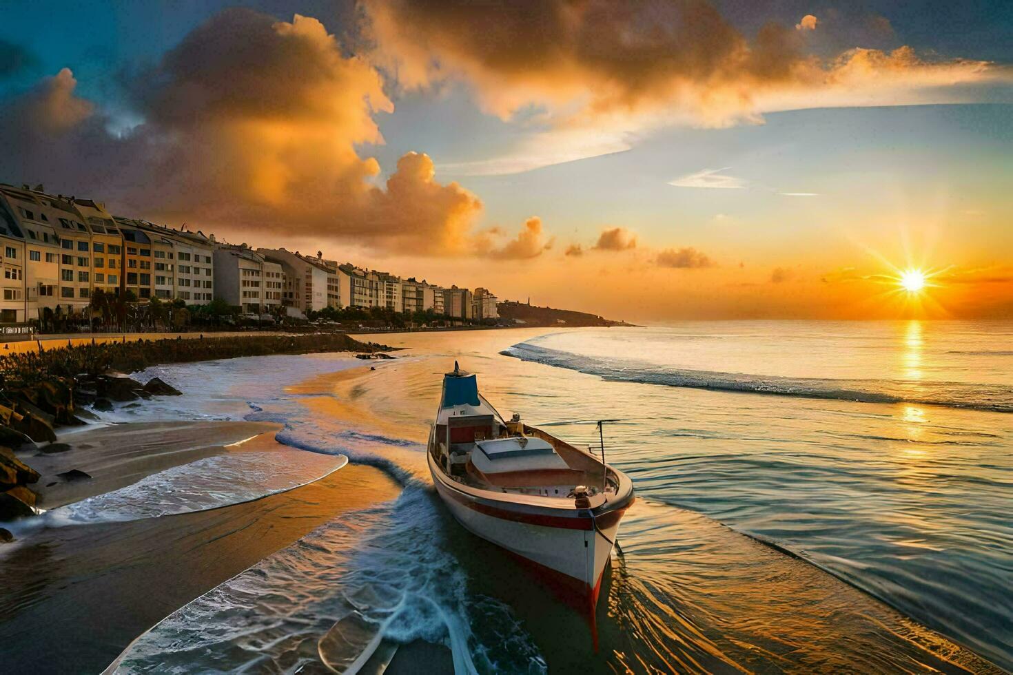 un barco en el playa a puesta de sol. generado por ai foto