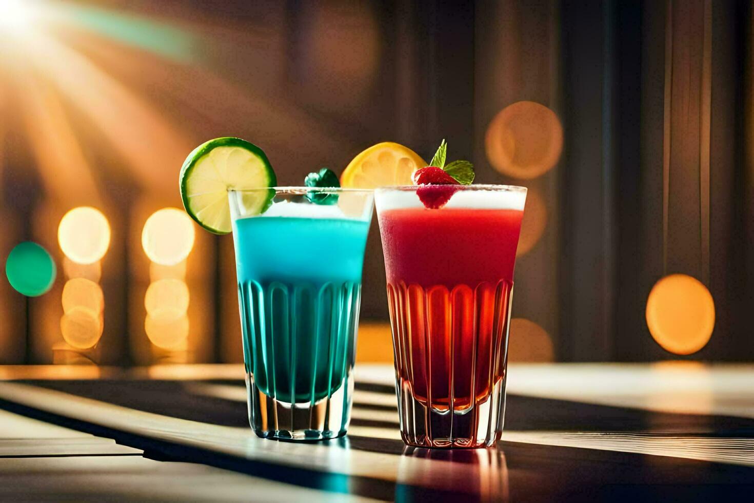 two colorful cocktails on a table. AI-Generated photo