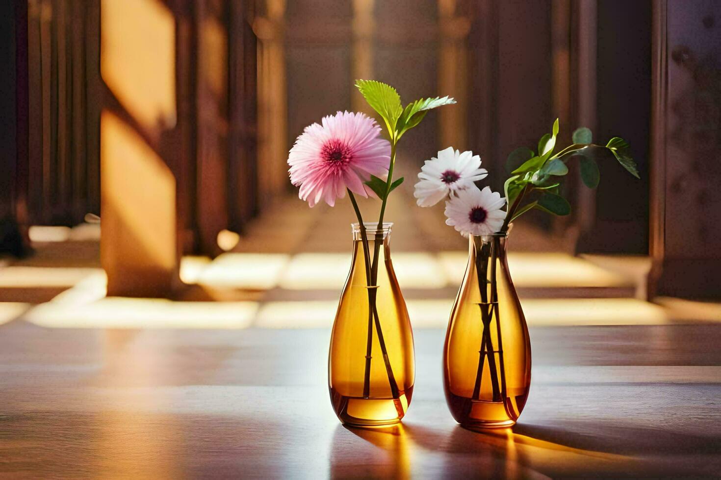 two vases with flowers sitting on a wooden floor. AI-Generated photo