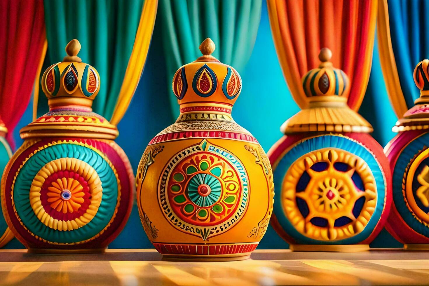 colorful vases with designs on them sit on a table. AI-Generated photo