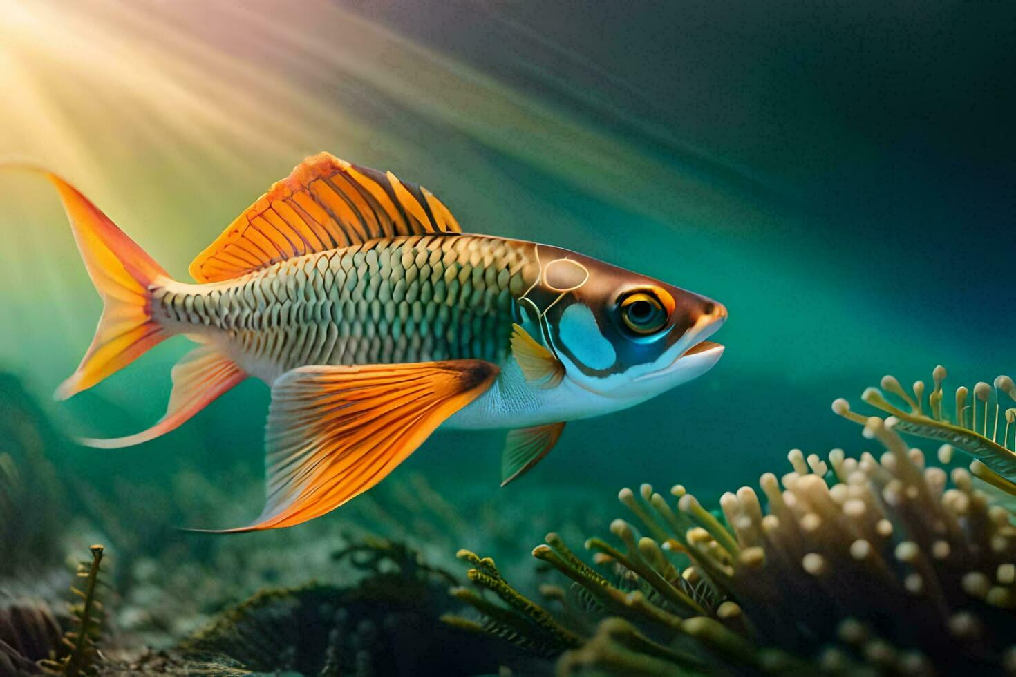 a fish swimming in the ocean with sunlight shining. AI-Generated photo