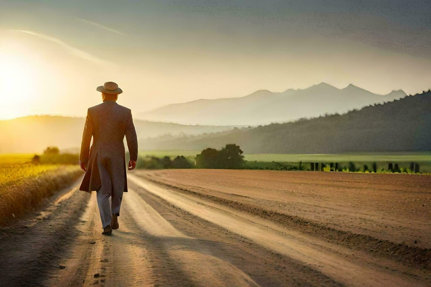 a man in a hat and suit walks down a dirt road. AI-Generated photo
