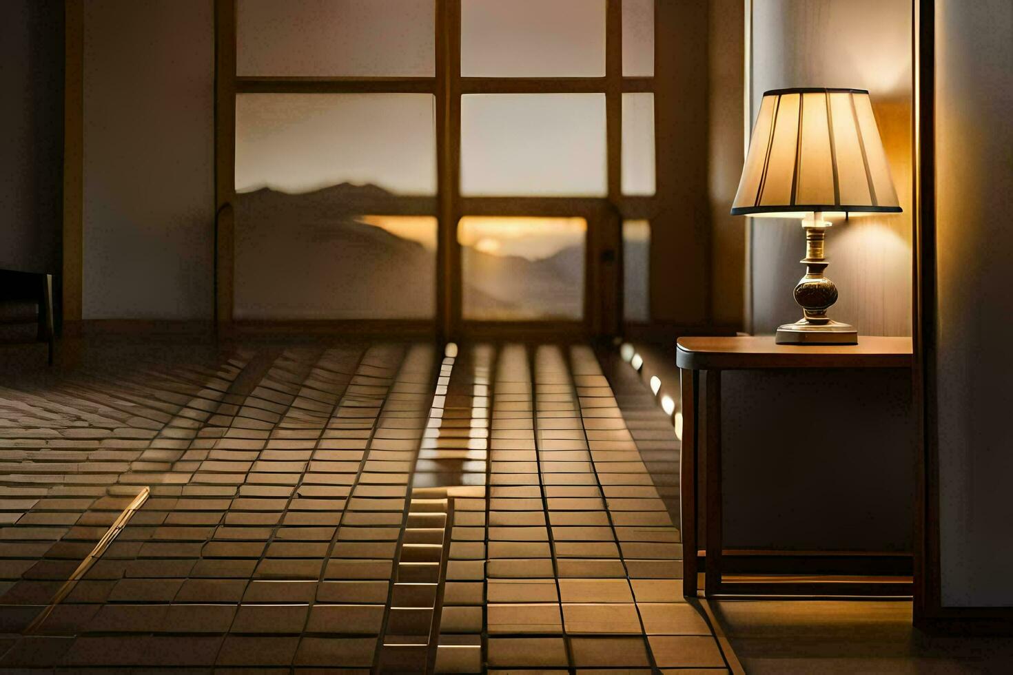 a room with a table and lamp on the floor. AI-Generated photo