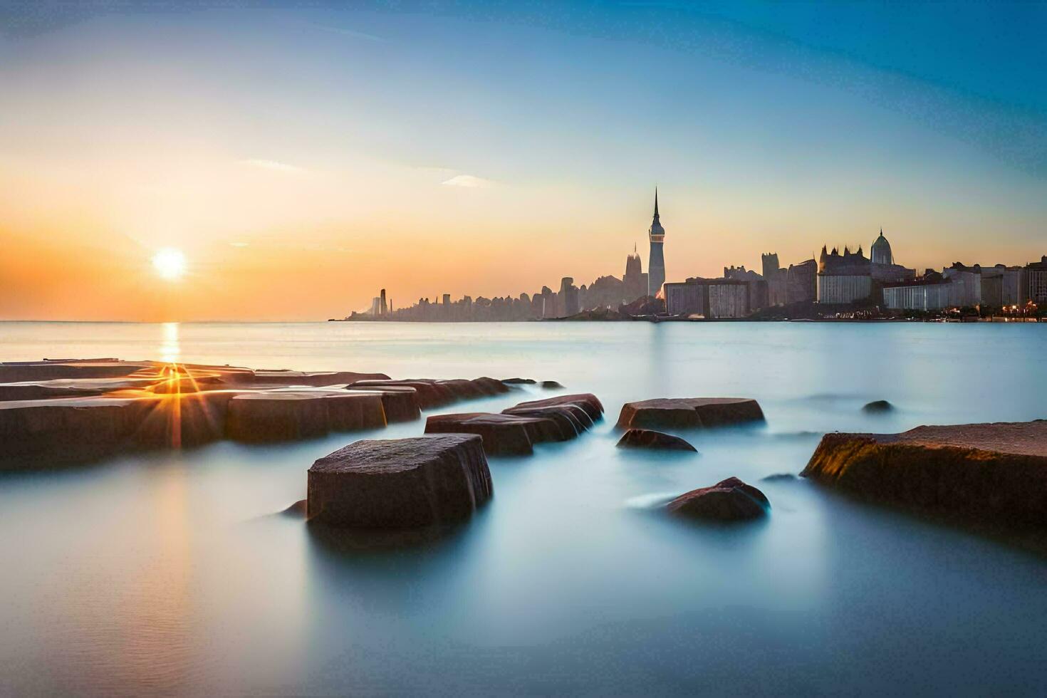 el Dom conjuntos terminado el ciudad horizonte y rocas en el agua. generado por ai foto