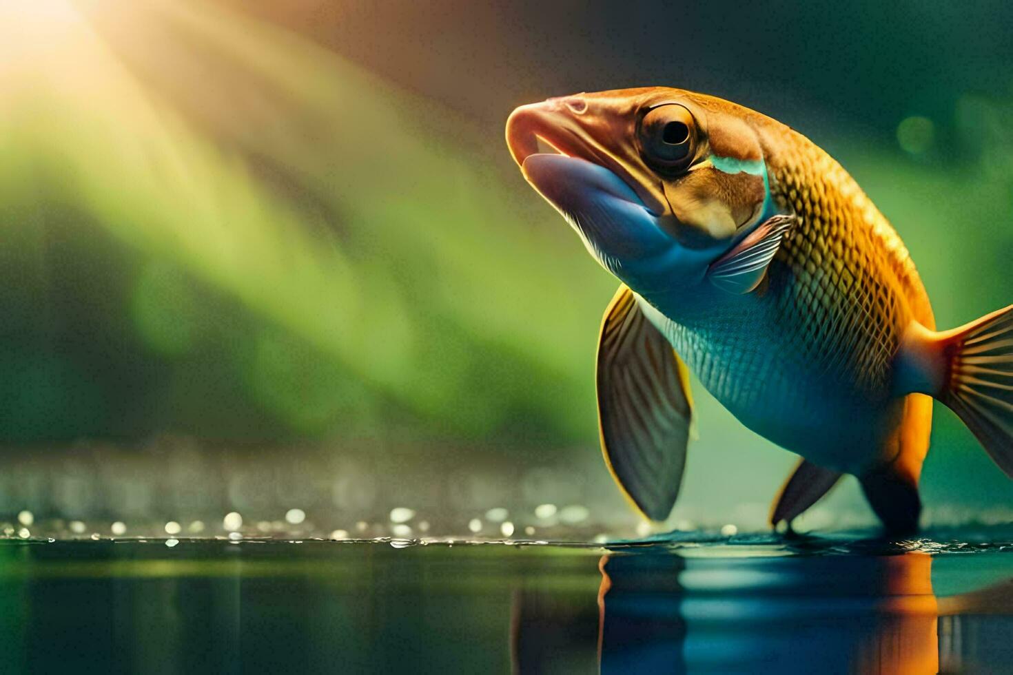 a fish is standing on the water with a bright light shining on it. AI-Generated photo