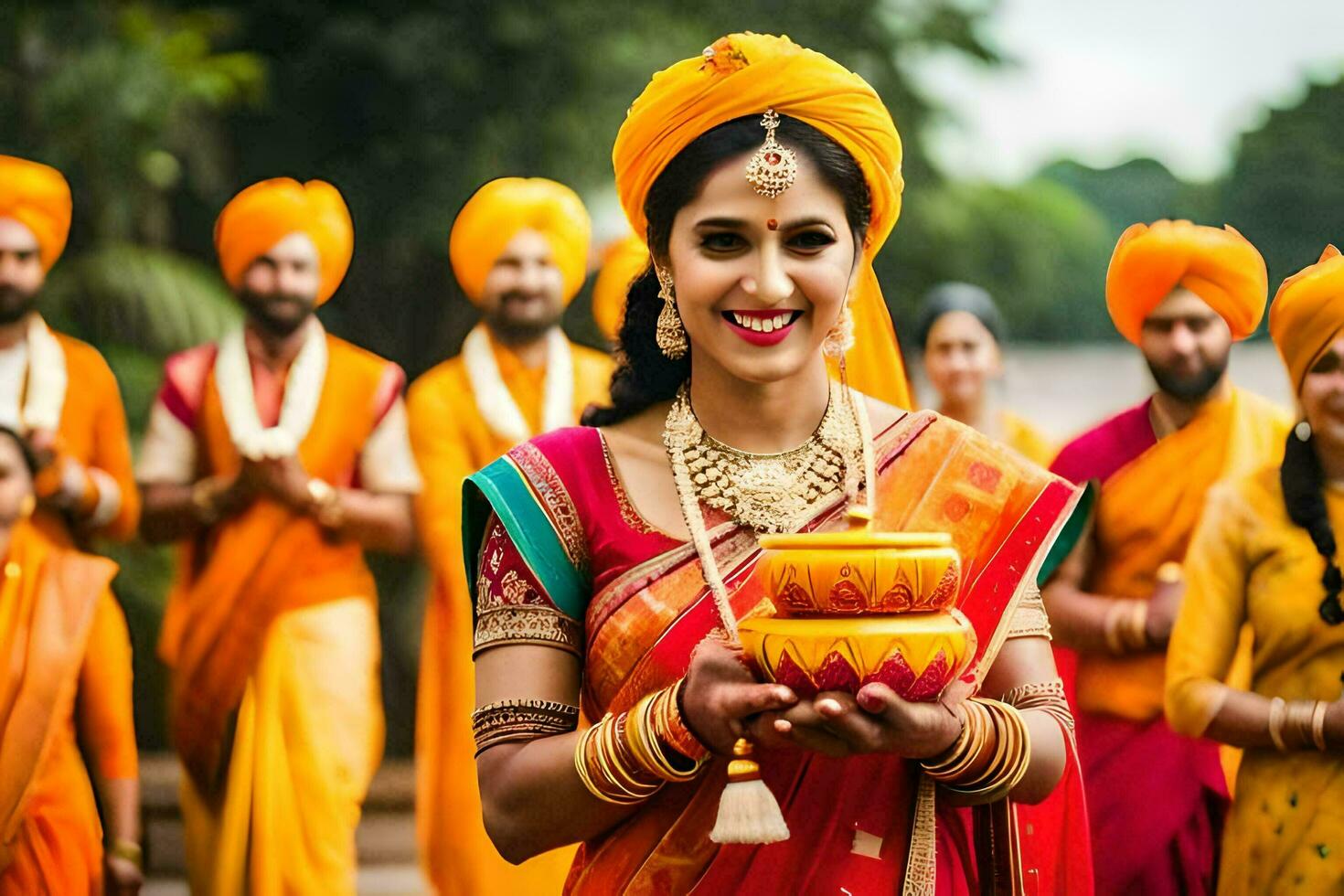 a woman in an orange sari holding a bowl of food. AI-Generated photo