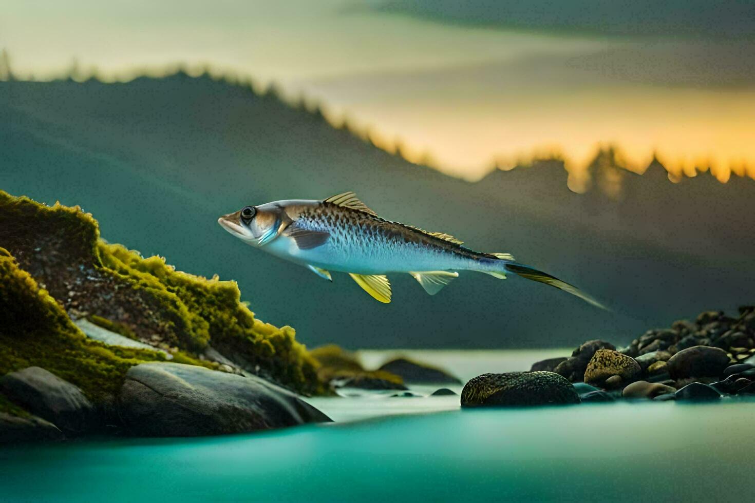 a fish is flying over the water at sunset. AI-Generated photo