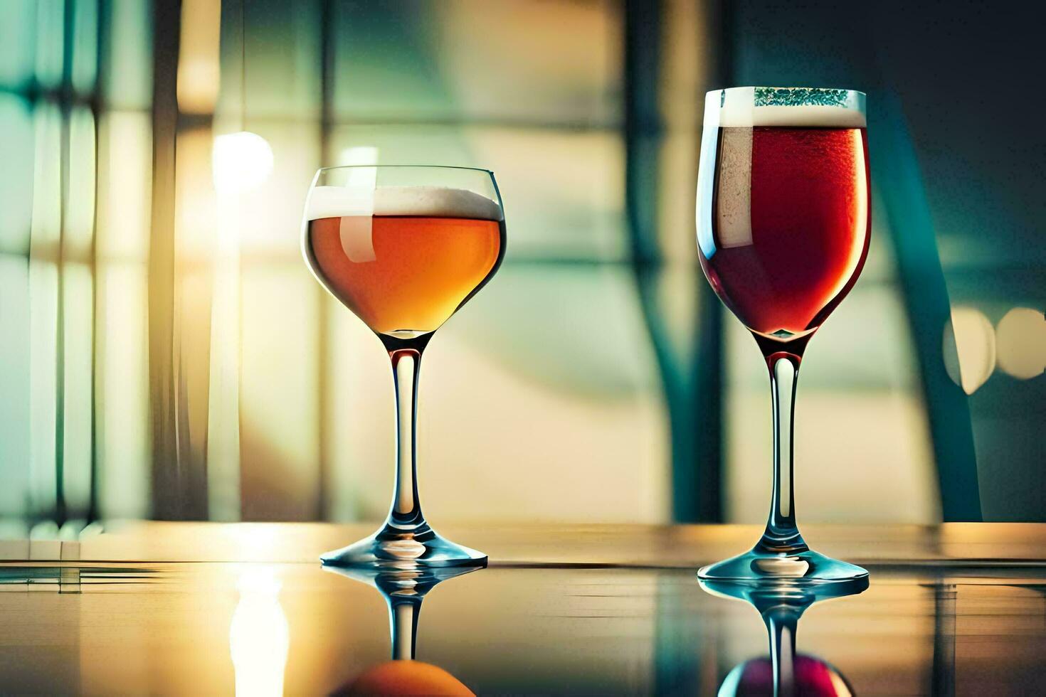 two glasses of wine and beer on a table. AI-Generated photo