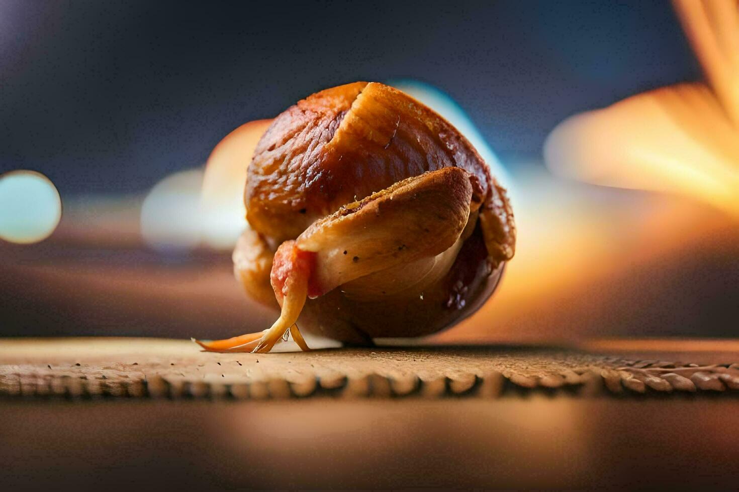 un asado pollo en un de madera mesa con borroso luces. generado por ai foto