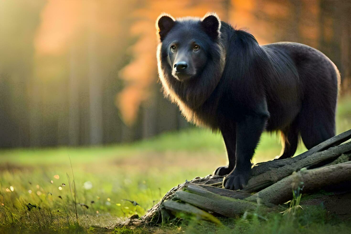 a black bear standing on a log in the woods. AI-Generated photo