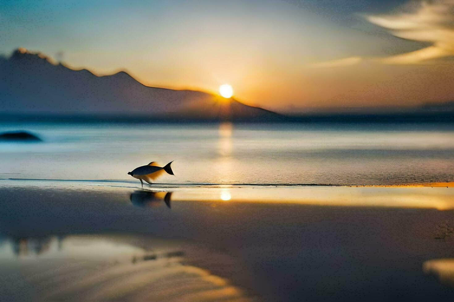 a fish is walking on the beach at sunset. AI-Generated photo