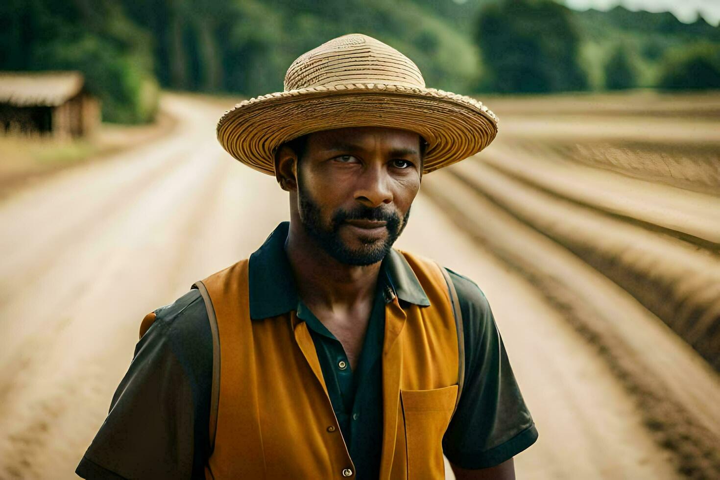a man wearing a hat and vest standing in a dirt road. AI-Generated photo