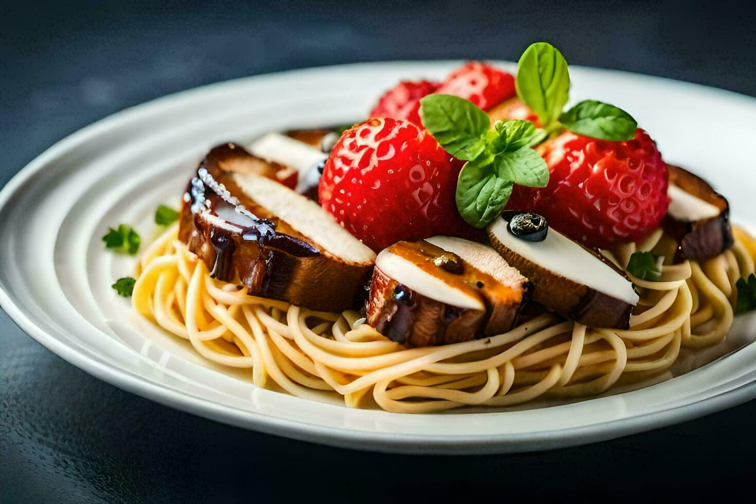 a plate of spaghetti with meat, strawberries and basil. AI-Generated photo
