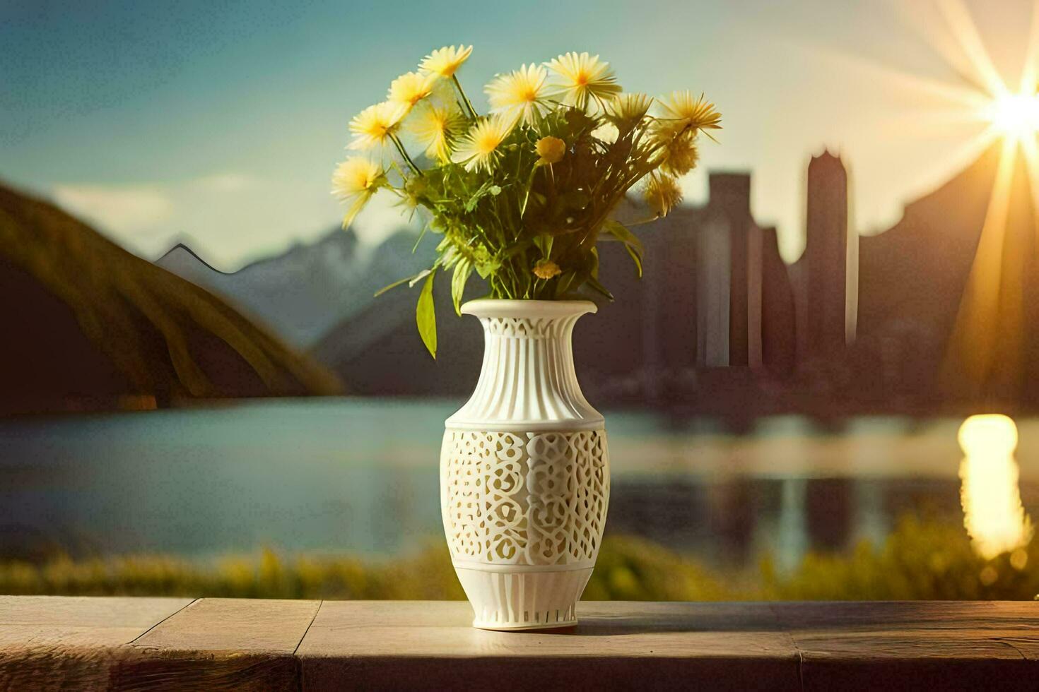 un florero con flores en un mesa en frente de un lago. generado por ai foto