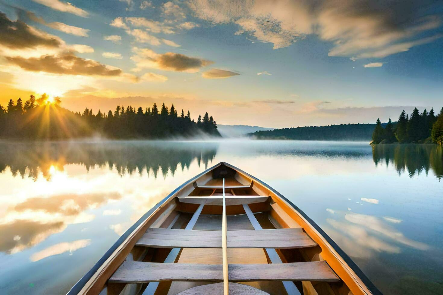the boat is on the calm lake at sunset. AI-Generated photo