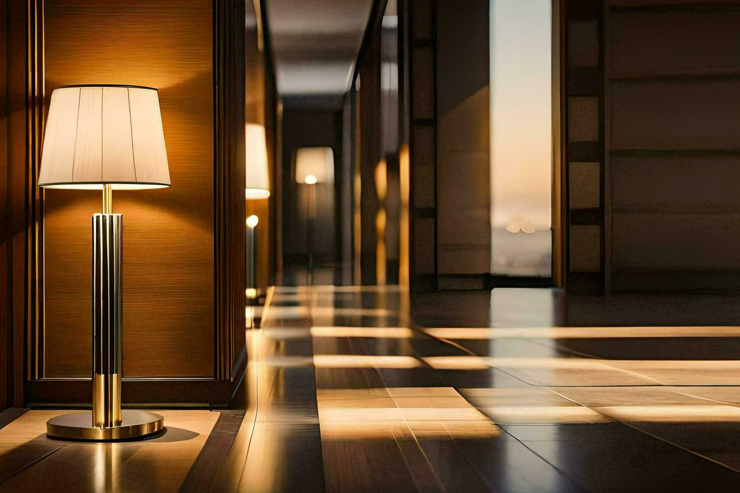 un lámpara es sentado en un de madera piso en un pasillo. generado por ai foto