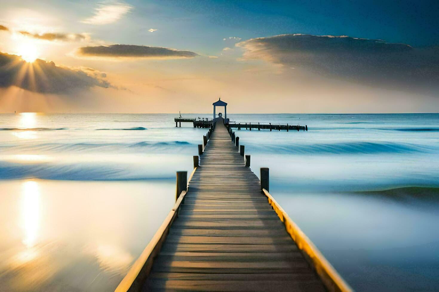 a long exposure photo of a pier in the ocean. AI-Generated