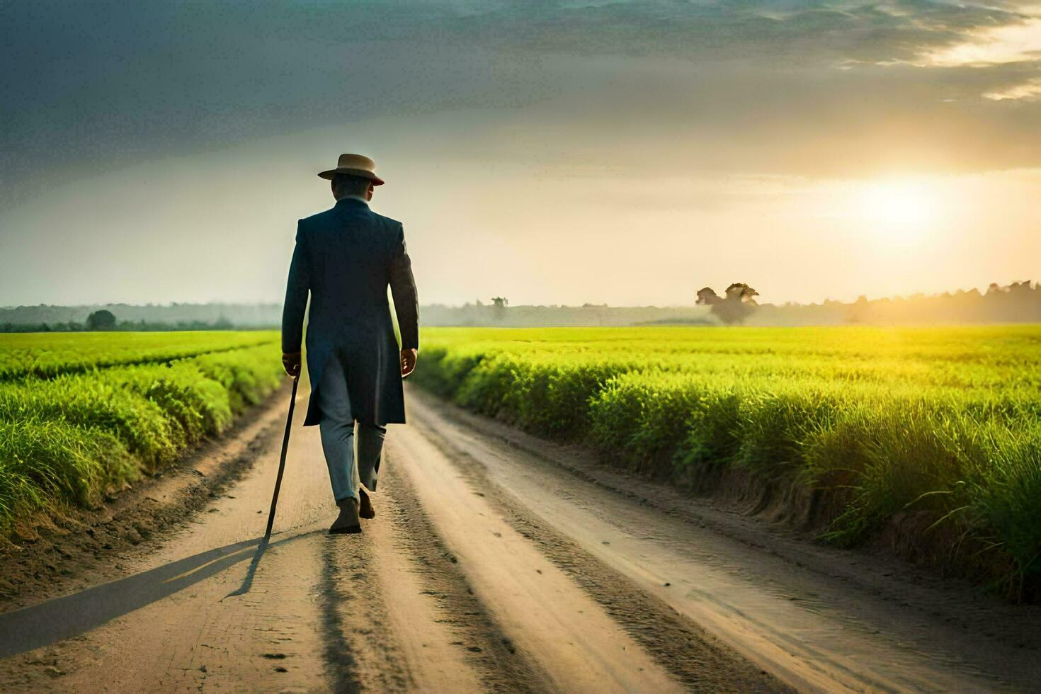 a man in a suit and hat walking down a dirt road. AI-Generated photo