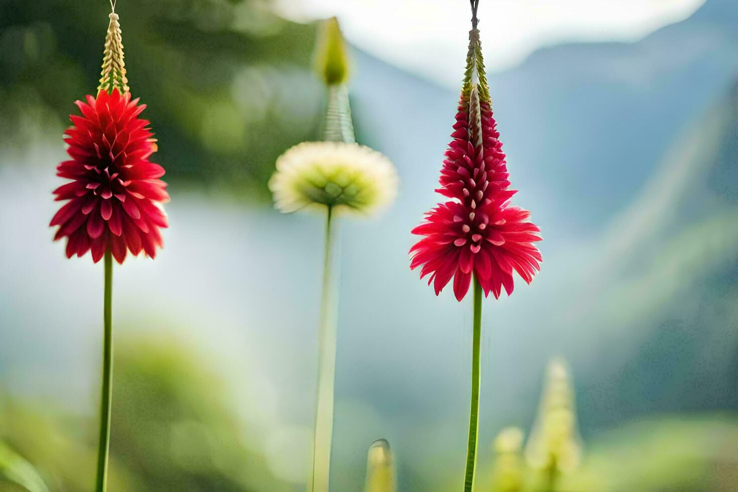 dos rojo flores son en pie en frente de un montaña. generado por ai foto