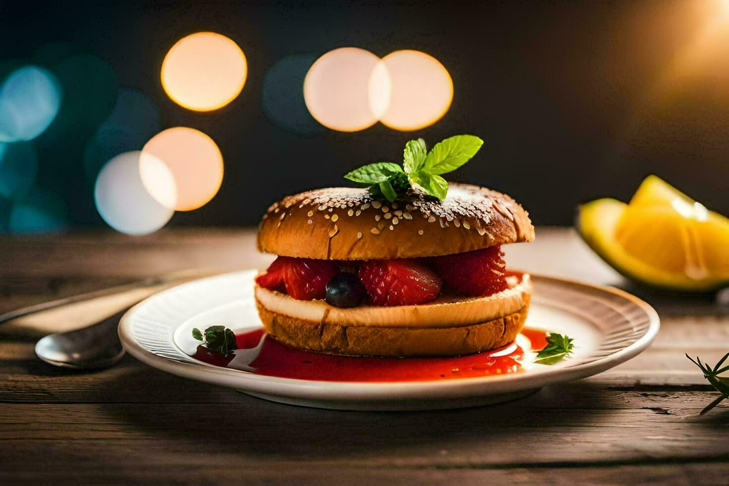 un hamburguesa con fresas y un rebanada de limón. generado por ai foto