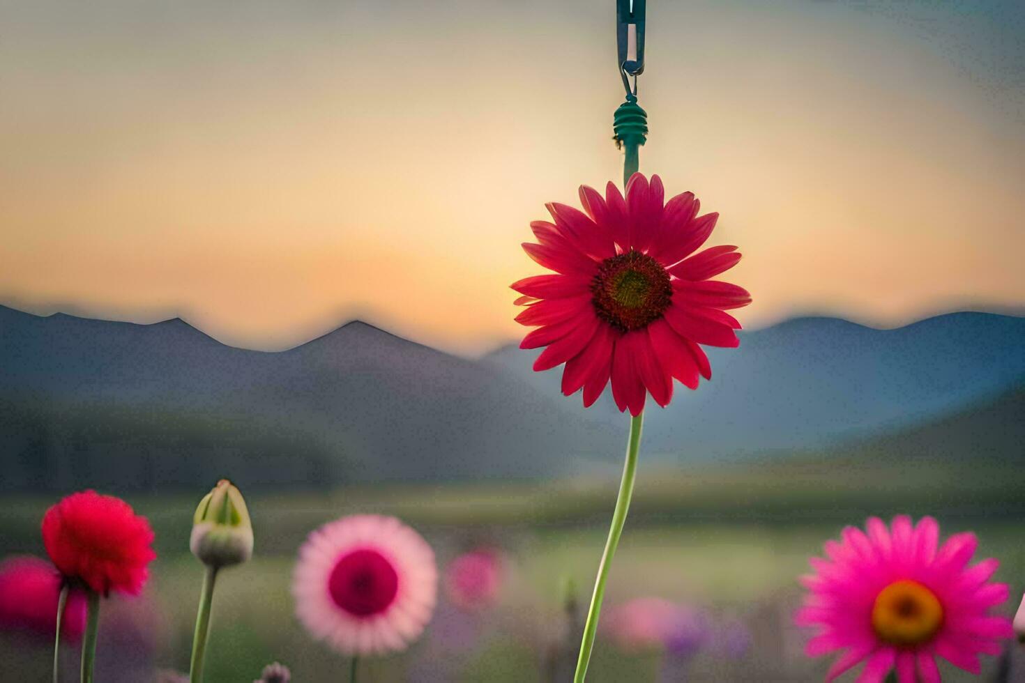 a pink flower is hanging from a hook in a field. AI-Generated photo