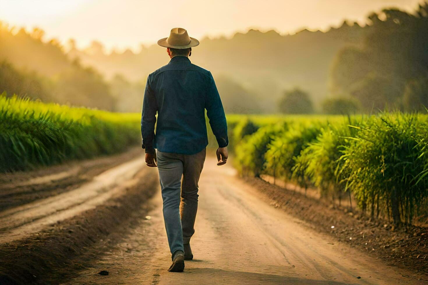 un hombre caminando abajo un suciedad la carretera en un campo. generado por ai foto