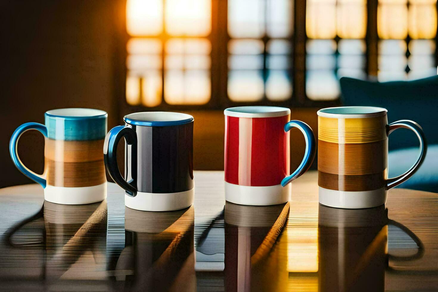 four colorful coffee mugs sitting on a table. AI-Generated photo