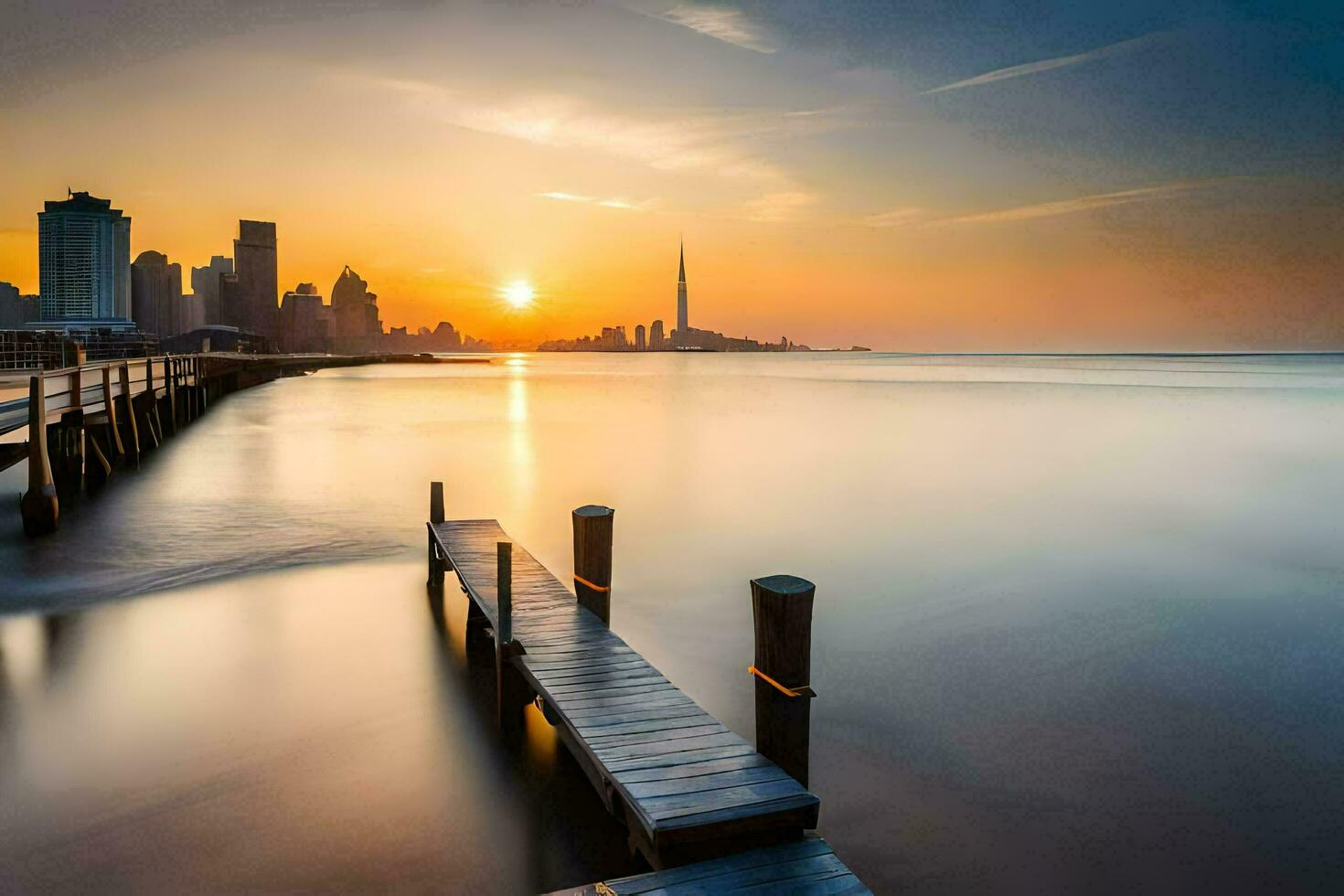 a pier in the water with a city skyline in the background. AI-Generated photo