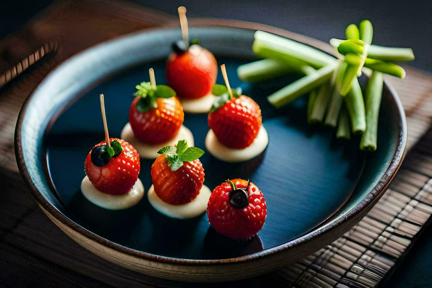strawberries and cream on a plate. AI-Generated photo