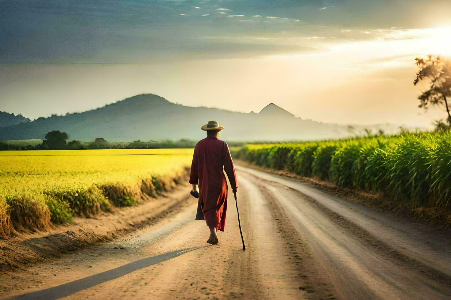 a monk walking down a dirt road in the countryside. AI-Generated photo