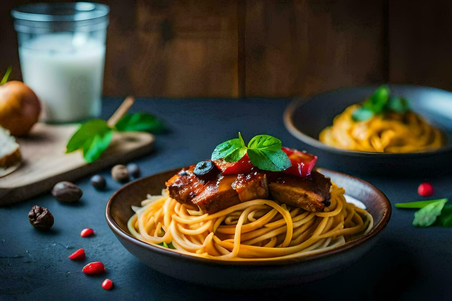 spaghetti with meat and vegetables on a dark table. AI-Generated photo