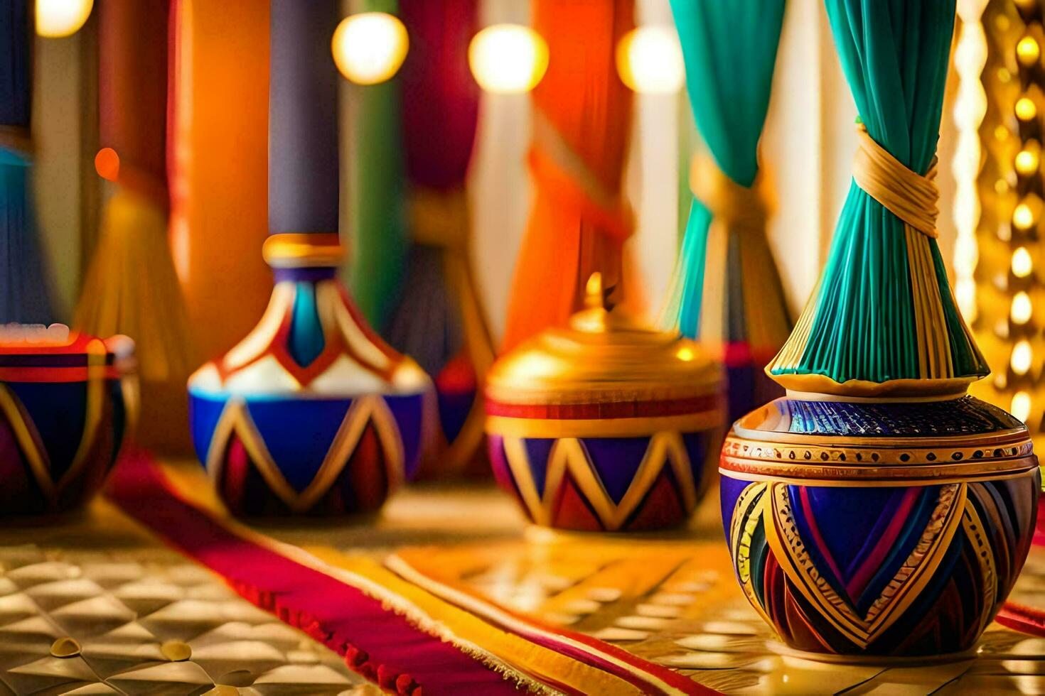 colorful vases and curtains in a room. AI-Generated photo