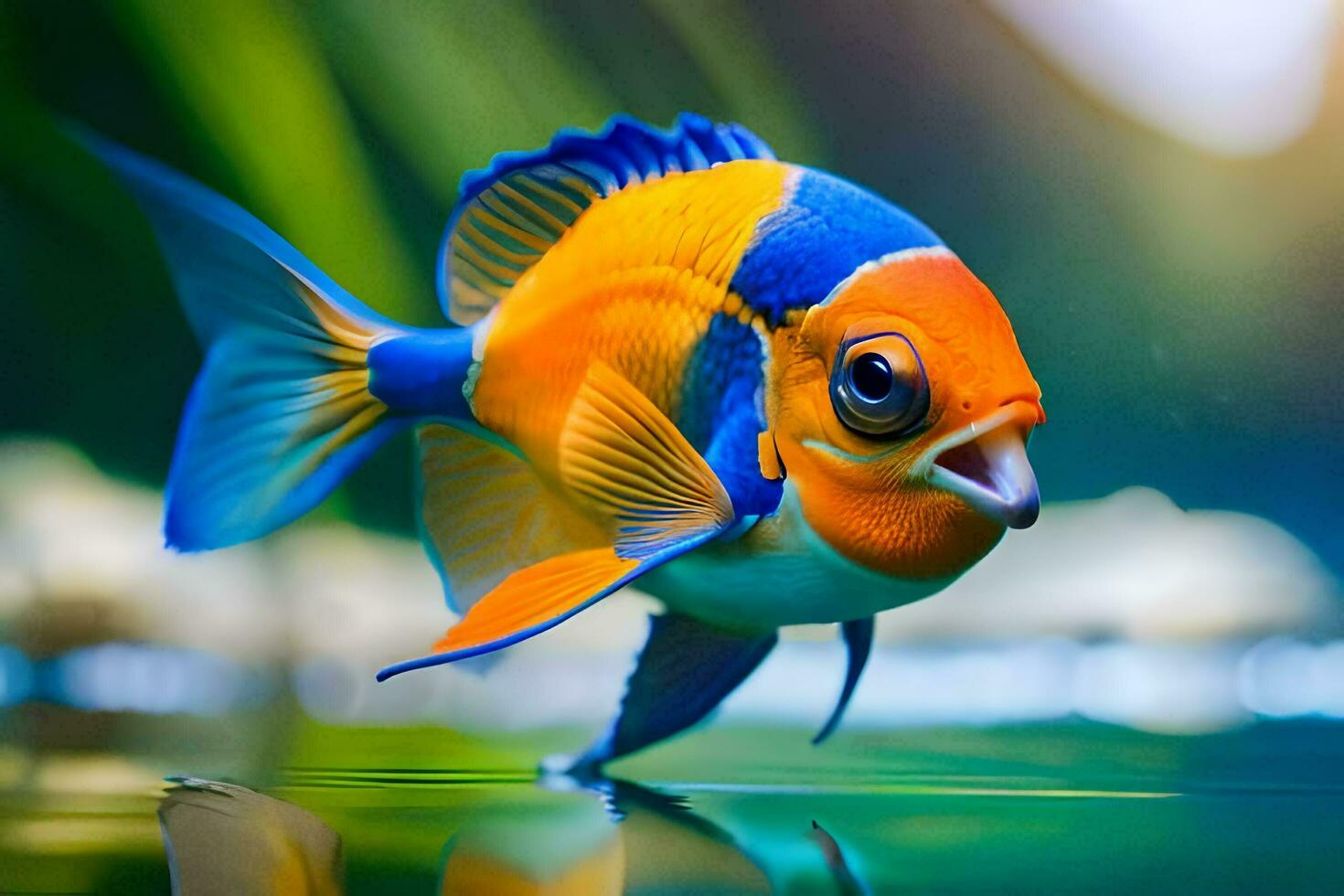 a fish with orange and blue fins is swimming. AI-Generated photo