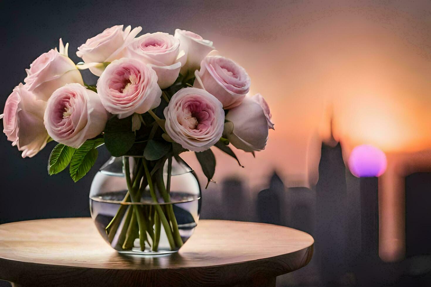 a vase of pink roses on a table in front of a city skyline. AI-Generated photo