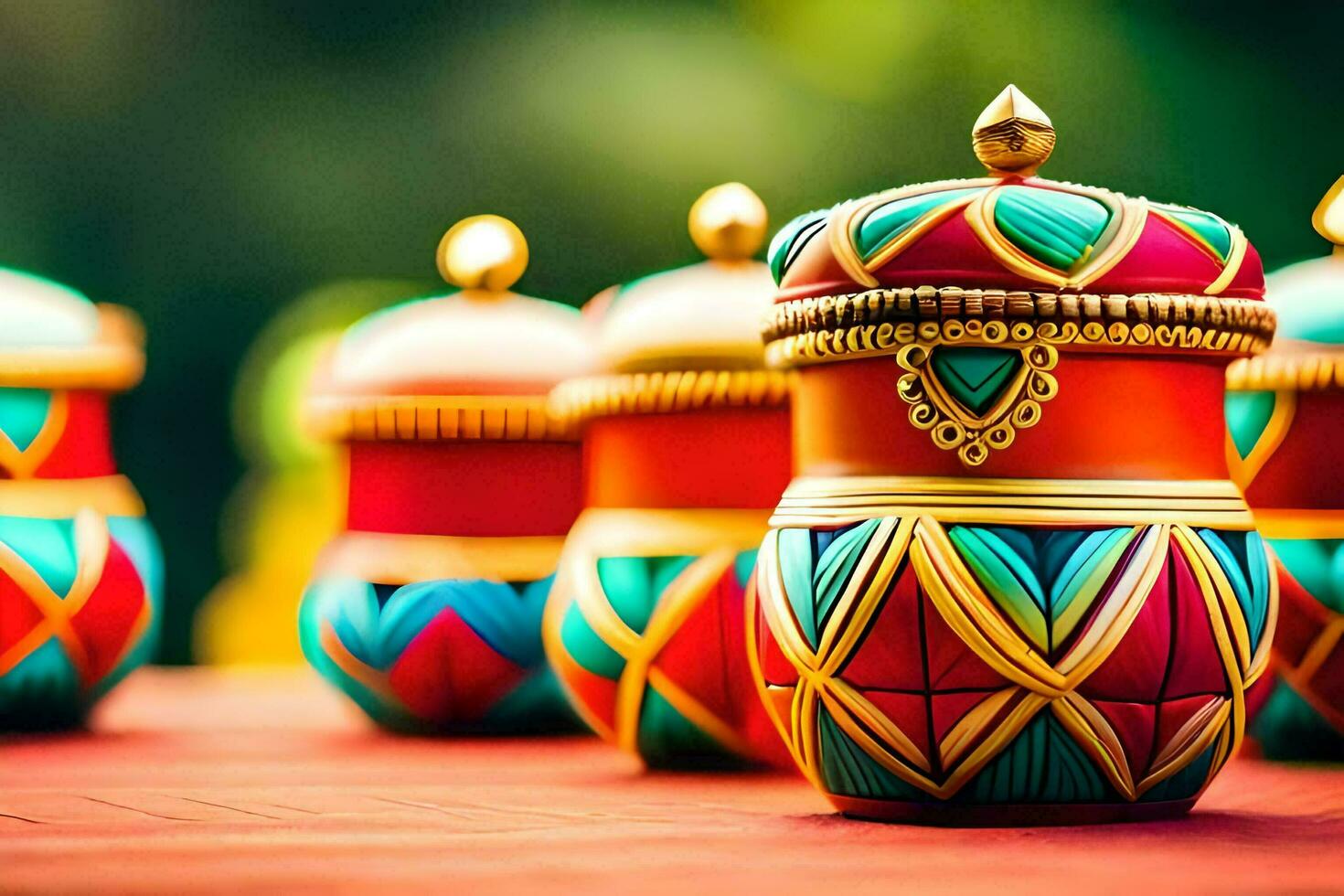 colorful pots with gold and red decorations on a table. AI-Generated photo
