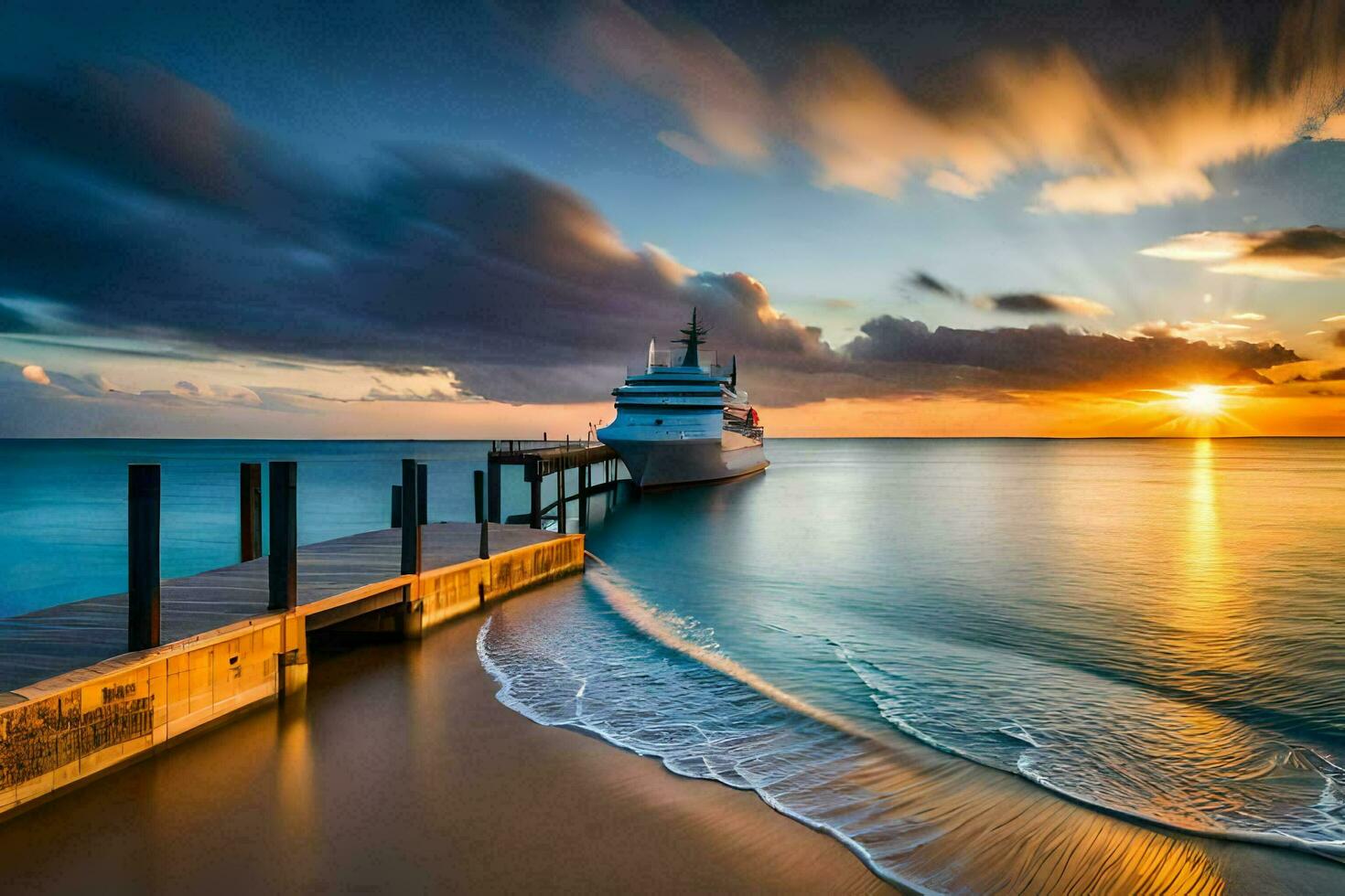 a boat docked at the end of a pier at sunset. AI-Generated photo