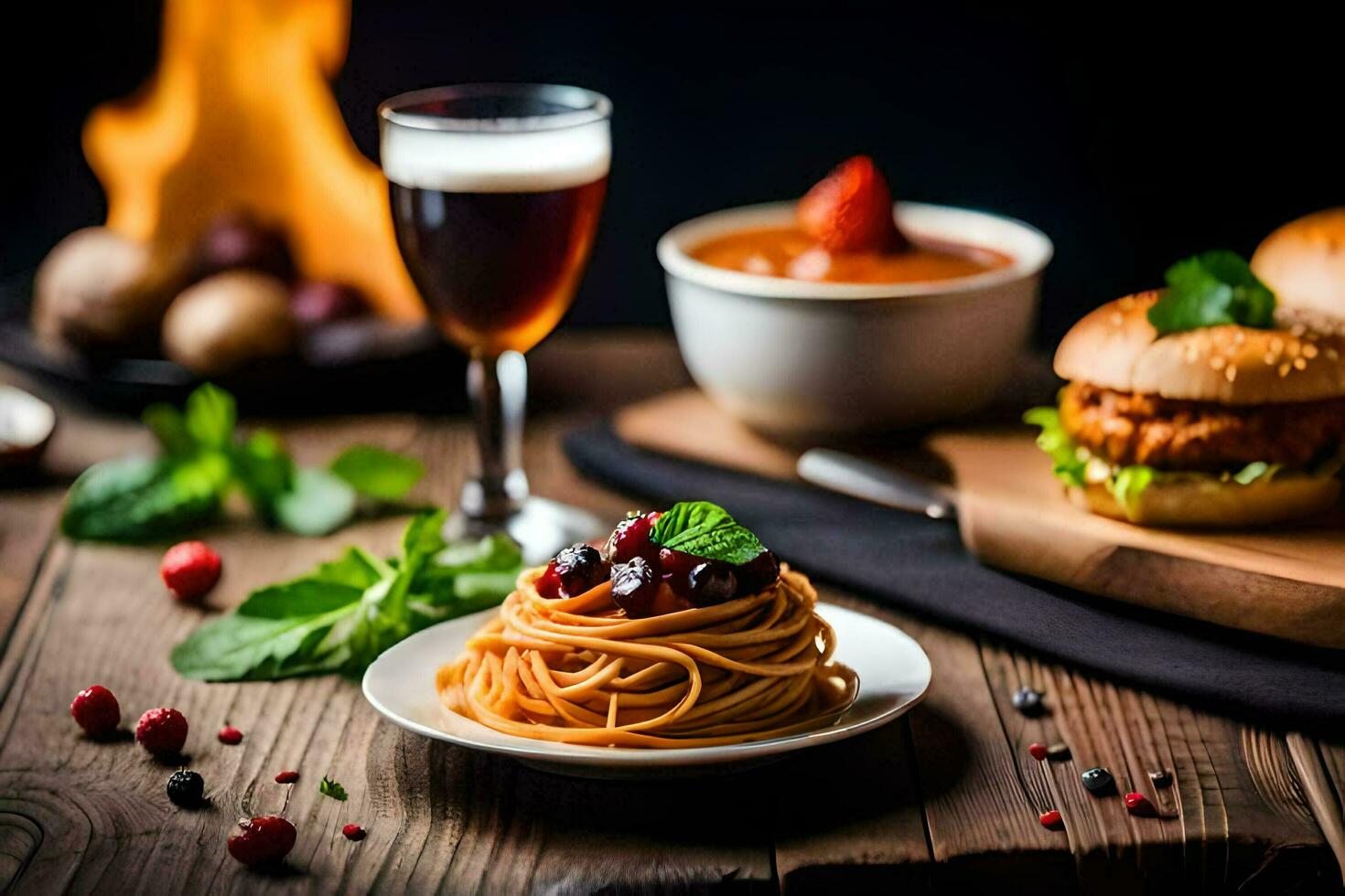 spaghetti with meatballs and a glass of wine. AI-Generated photo