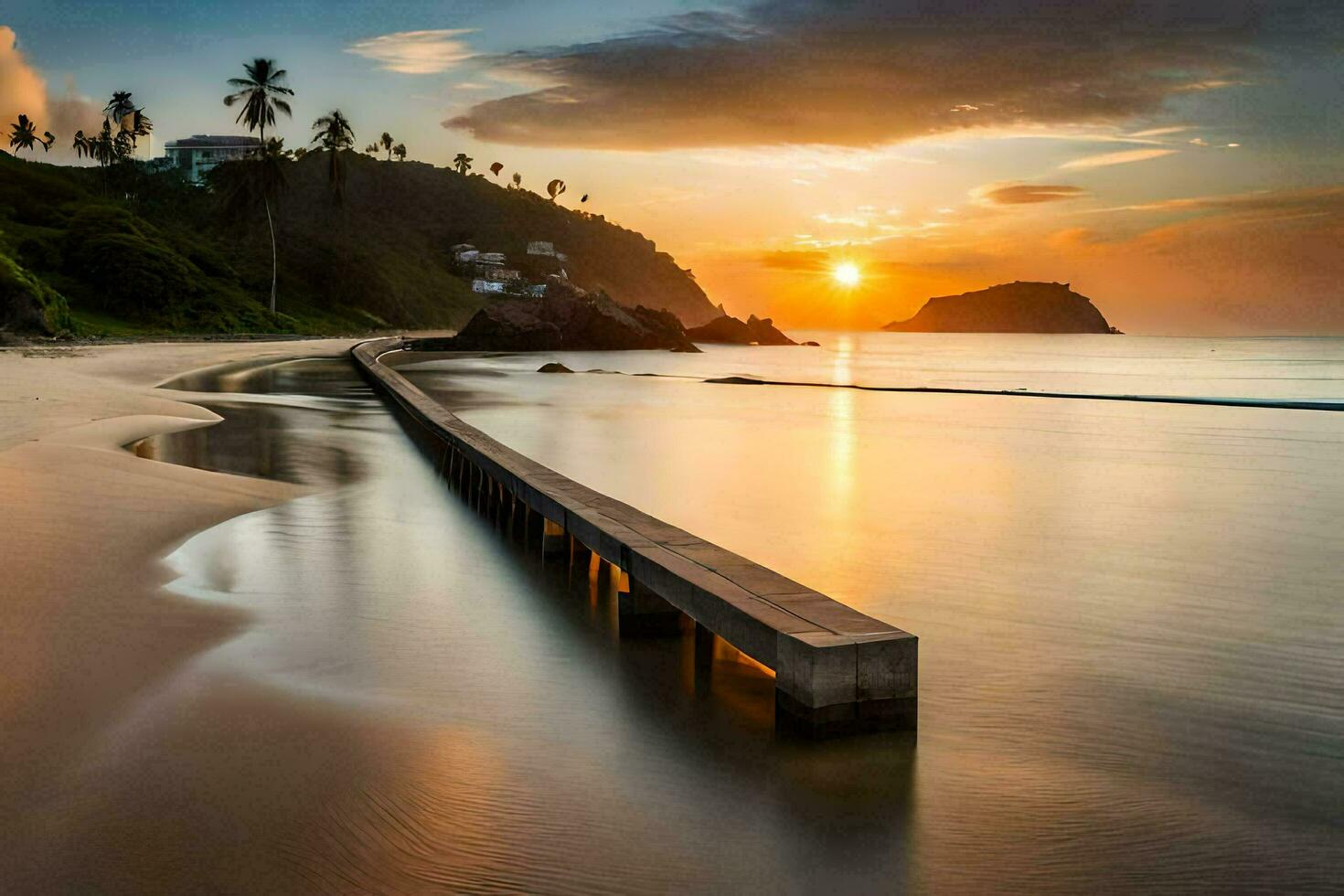 a long wooden pier on the beach at sunset. AI-Generated photo
