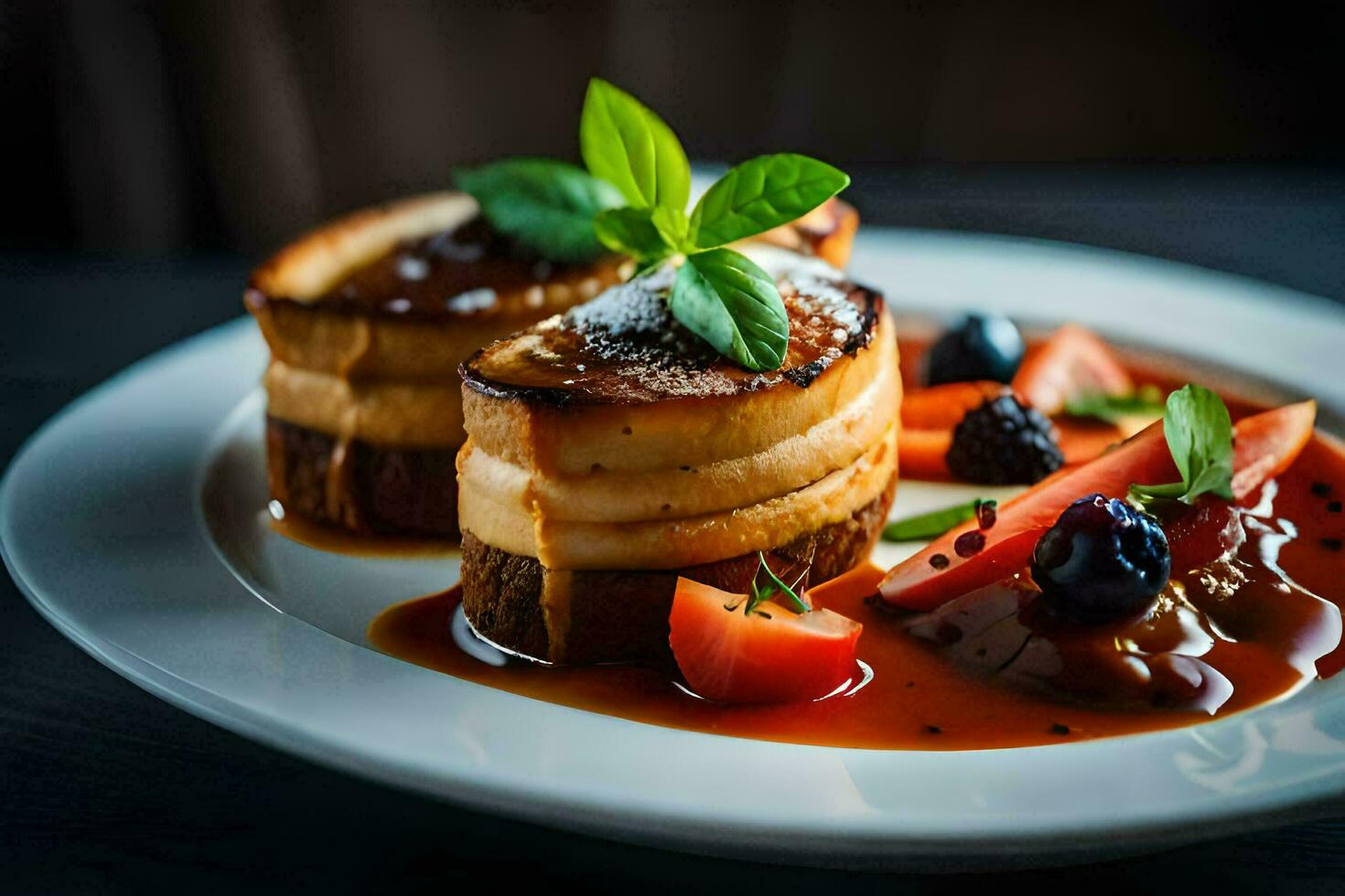 a plate with a dessert on it. AI-Generated photo