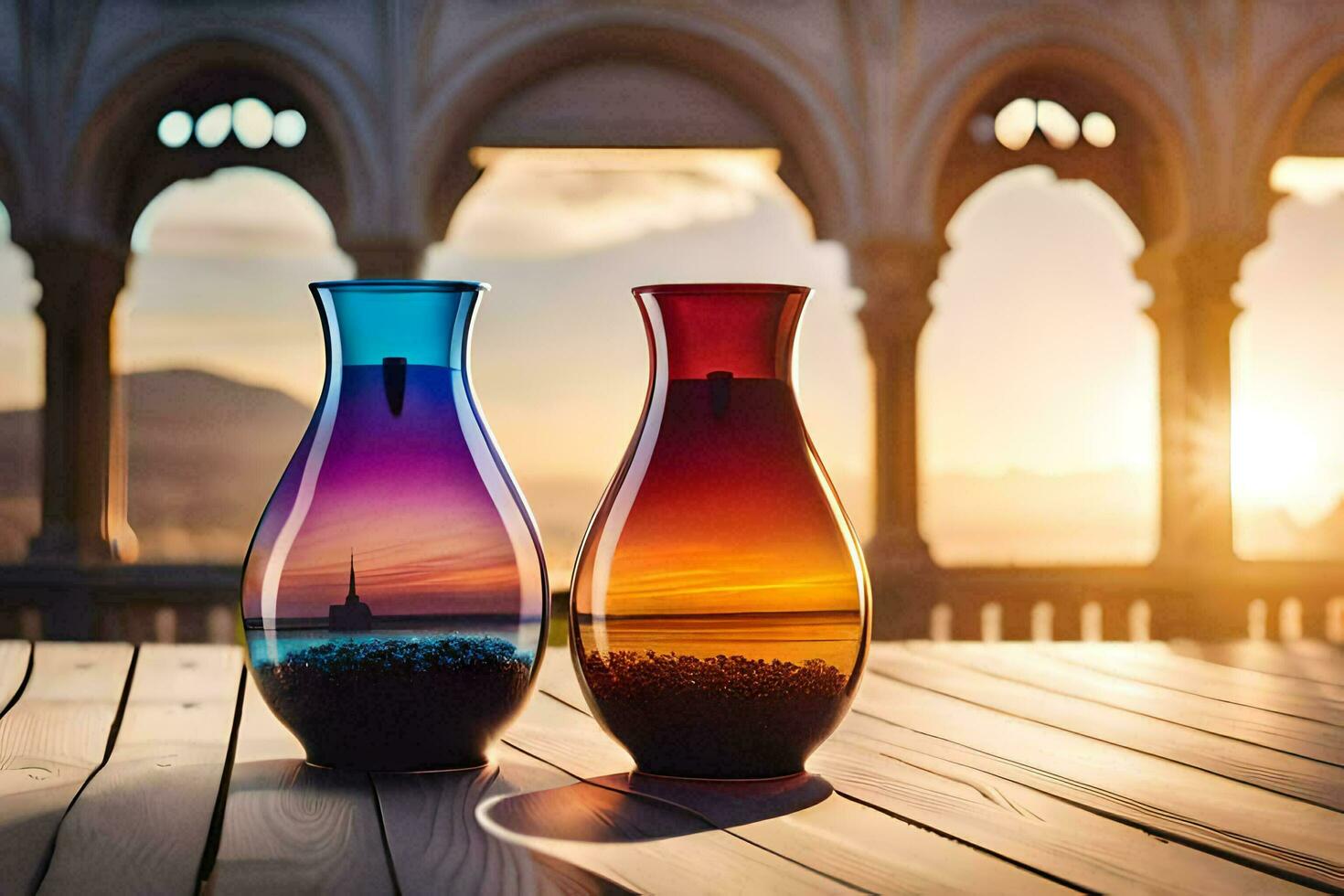 two colorful vases sitting on a wooden table. AI-Generated photo