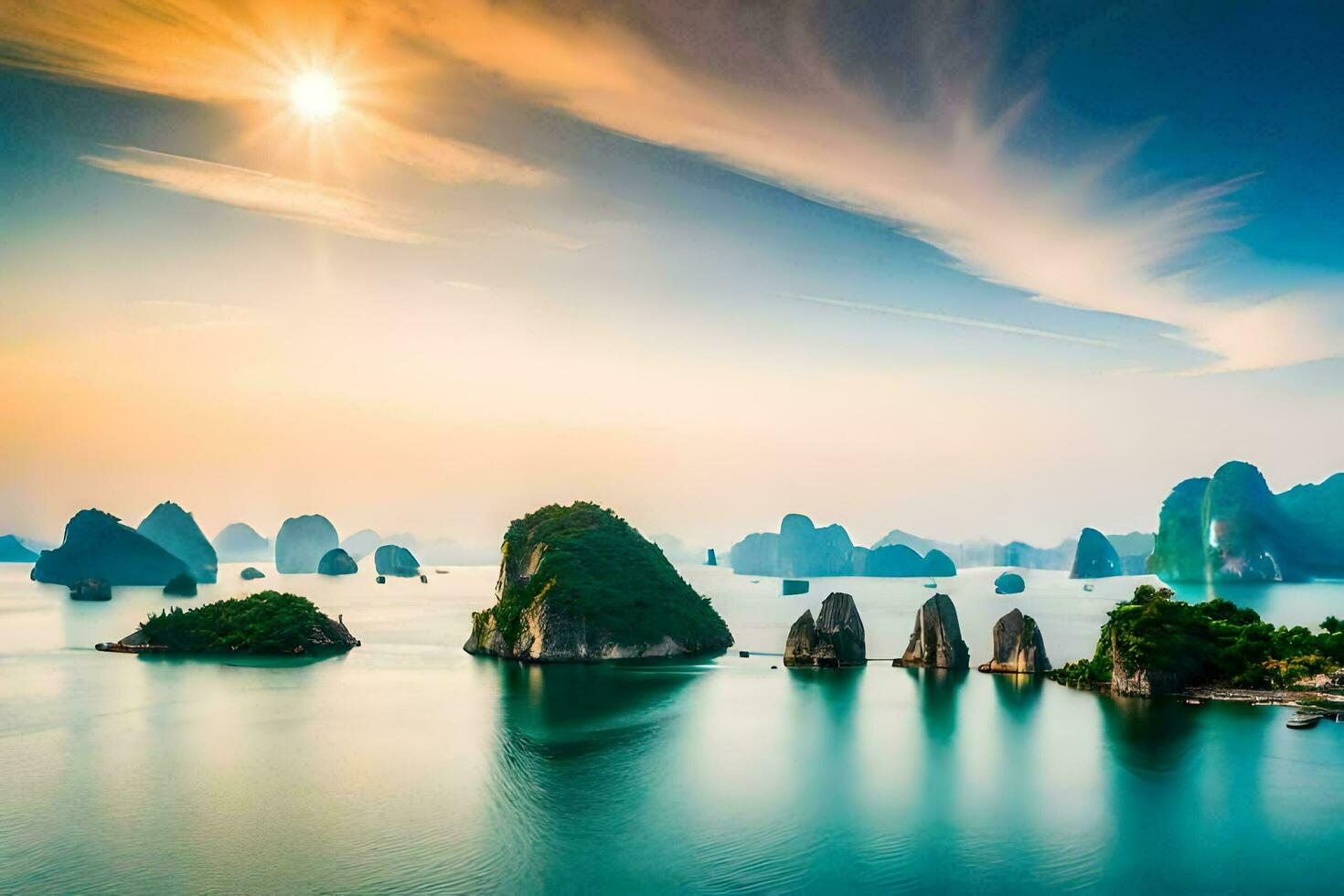 the sun shines brightly over the water in halong bay. AI-Generated photo